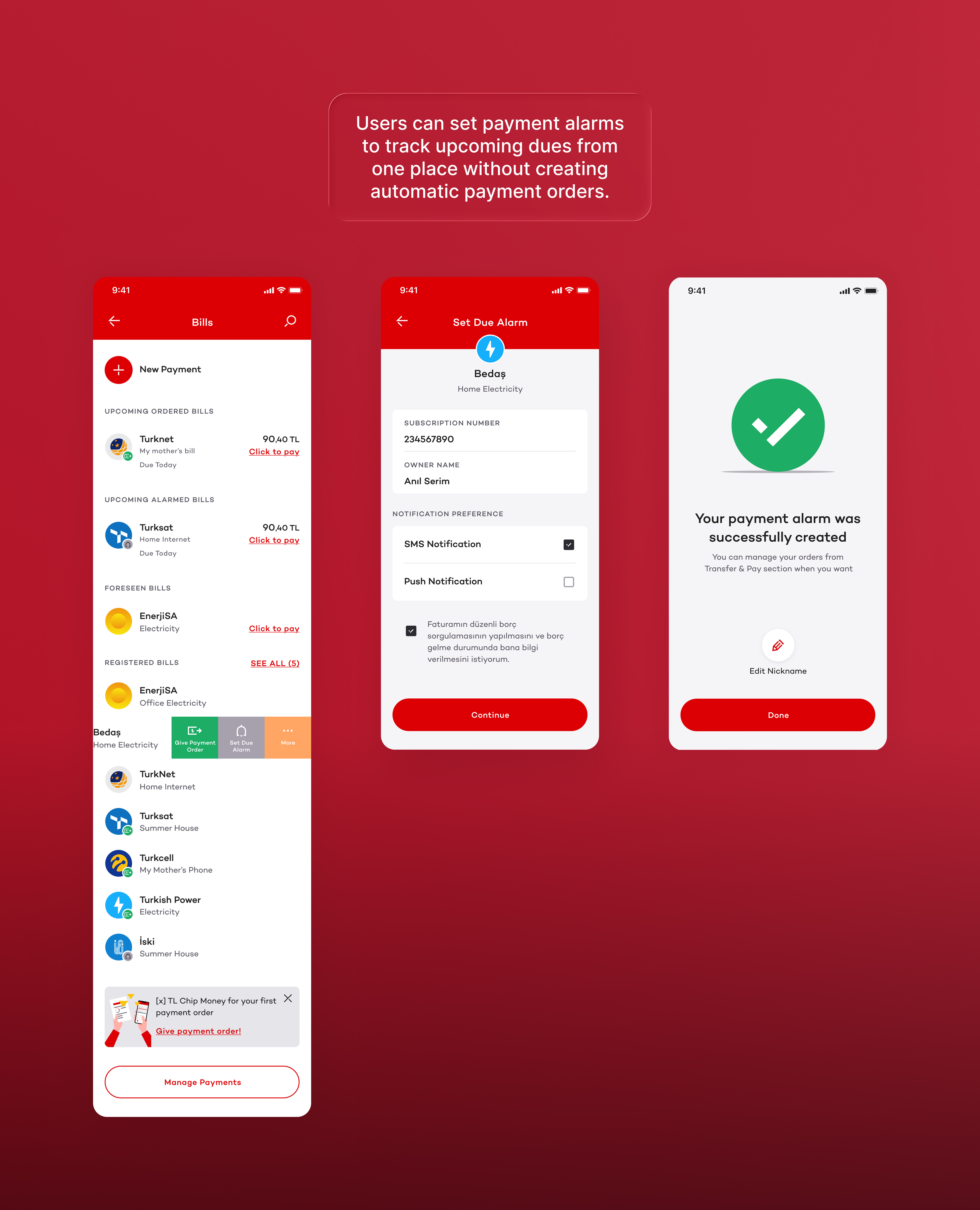 Set Alarm for Bill Payments flow screens